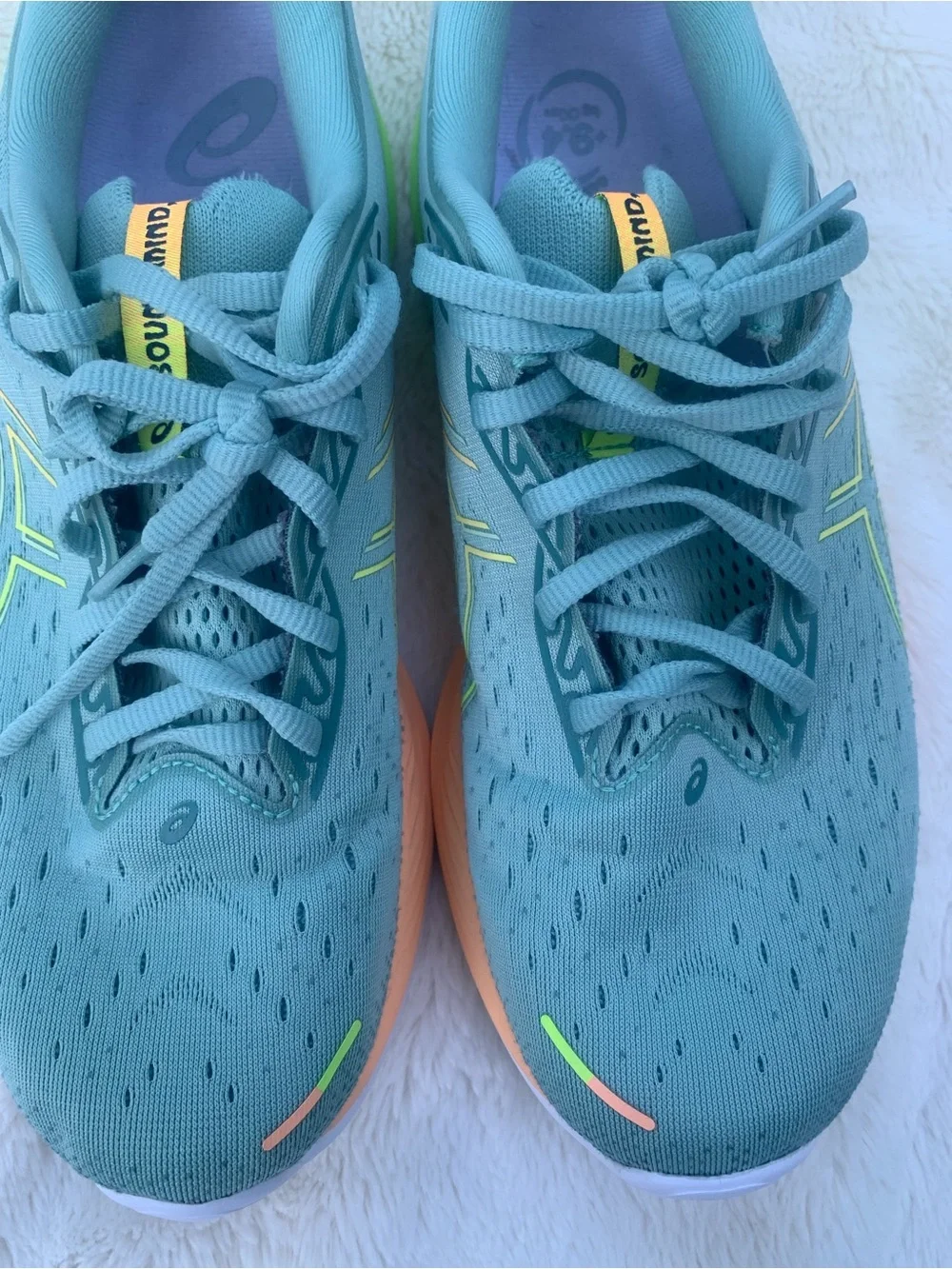Asics Teal Athletic Shoes with Neon Green and Peach Accents